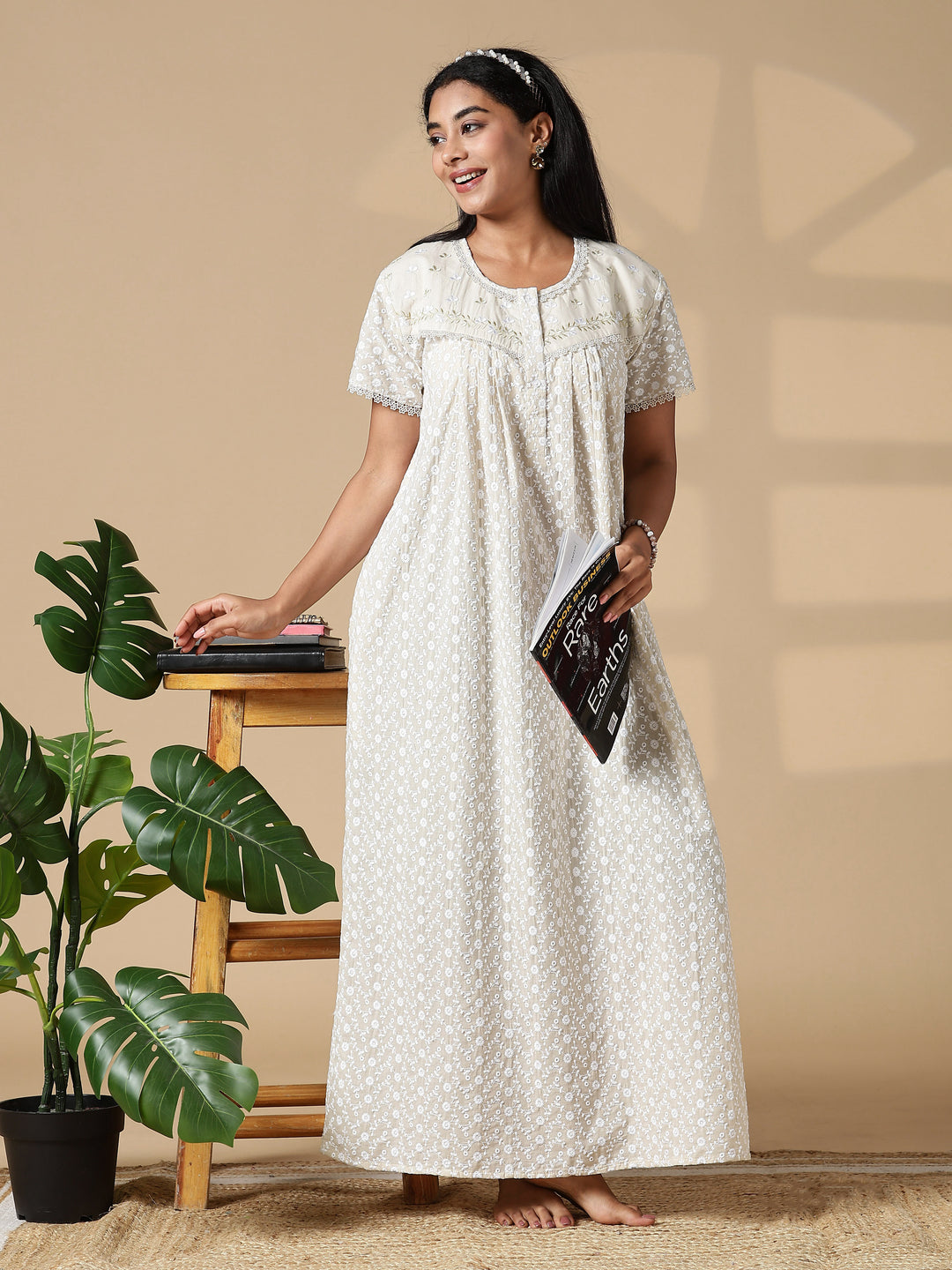 Beige Pure Cotton Chikankari Pleated Nighty for Women Breathable Comfort