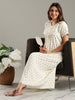 Cream Bamboo Cotton Nighty for Women with Floral Print and Pocket