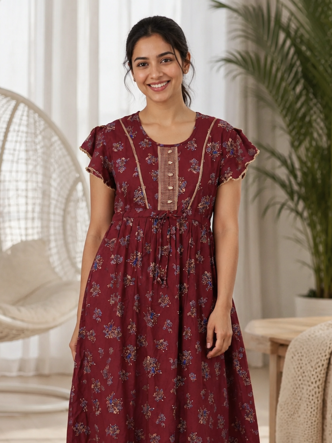 Blossom Maroon Alpine Designer Nighty for Women Relaxed Frock Style