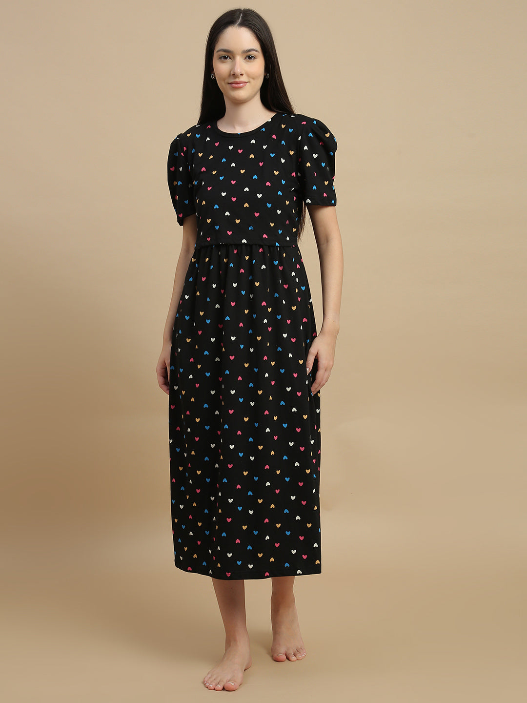 Black Sweetheart Floral Hosiery Cotton Short Maternity Nighty