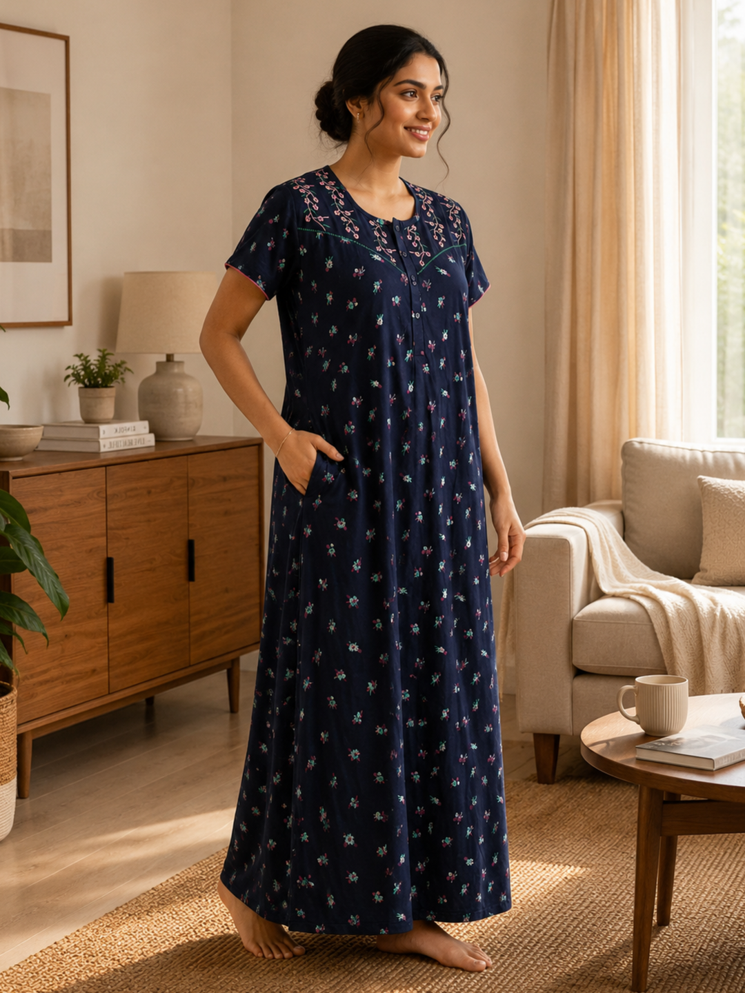 Ink Blue Floral Cotton Blend Designer Nighty for Women