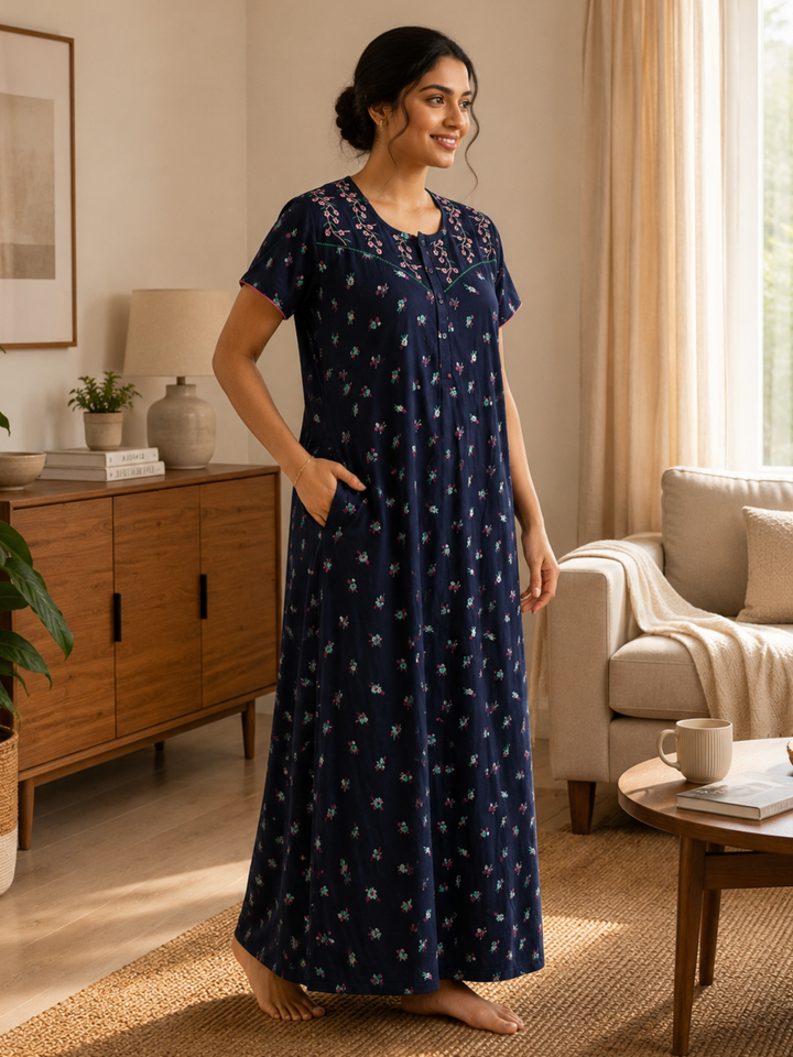 Ink Blue Floral Cotton Blend Designer Nighty for Women