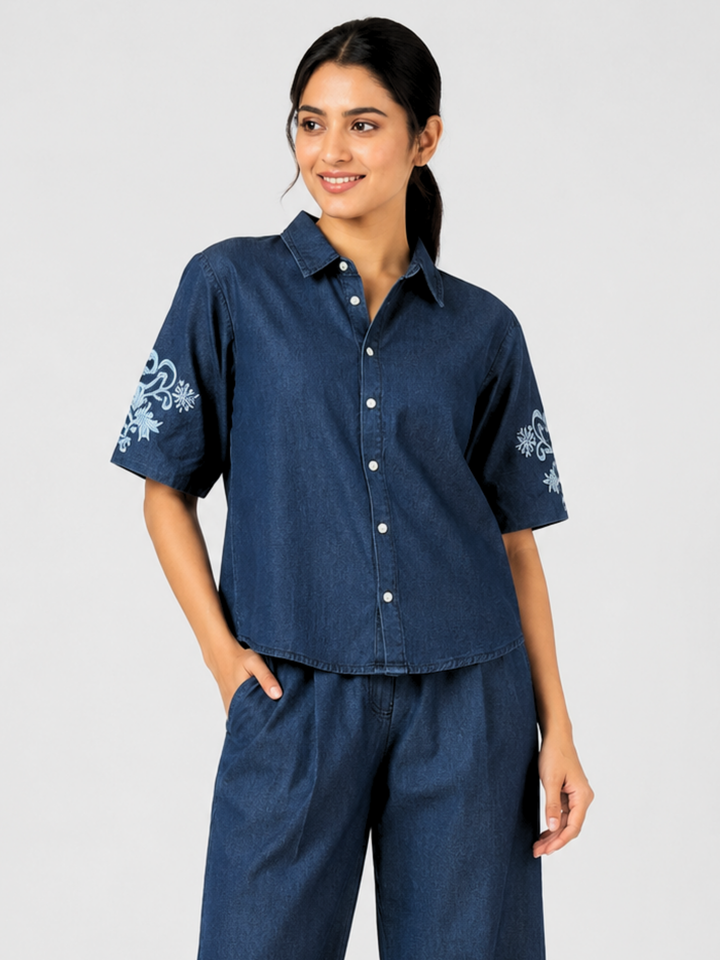 Dark Blue Denim Co Ord Set with Sleeve Embroidery for Women