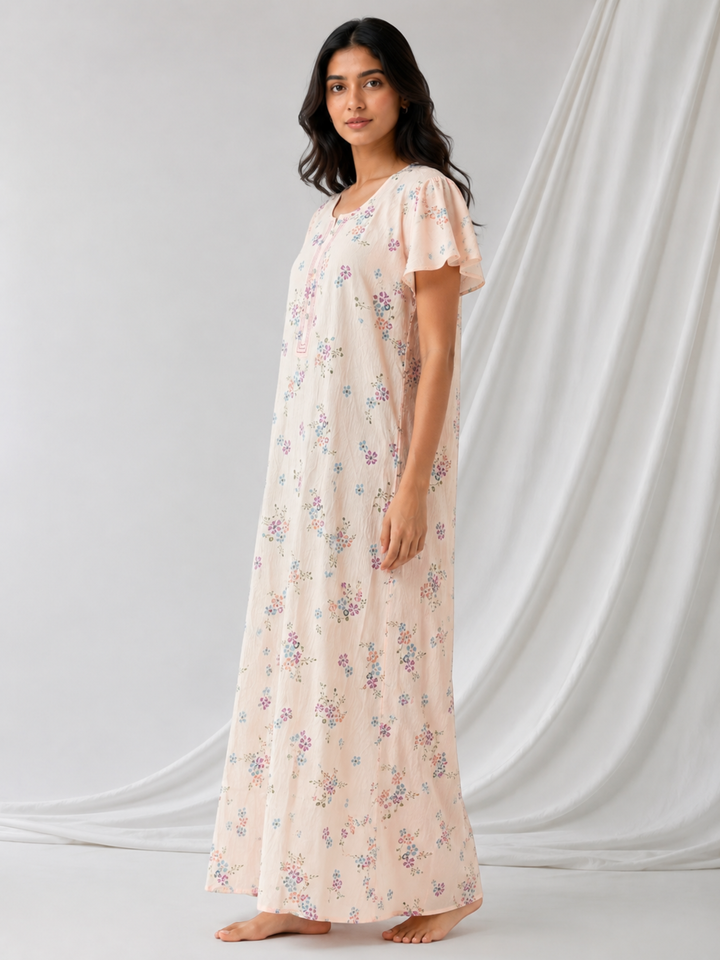 Meadow Peach Floral Crush Cotton Nighty for Women Breathable