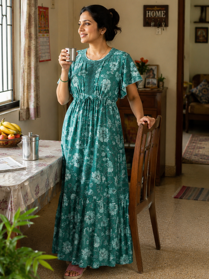 Aqua Lake Floral Alpine Nighty with Drawstring Waist & Side Pocket