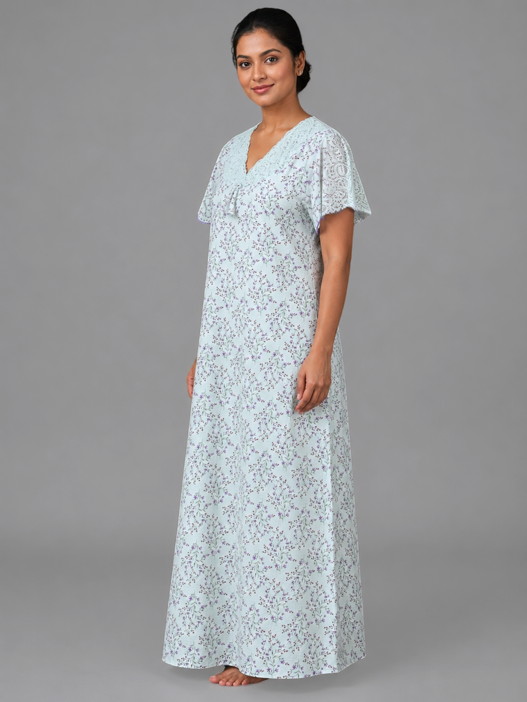 Floral Green Bamboo Feel Crush Cotton Nighty for Women