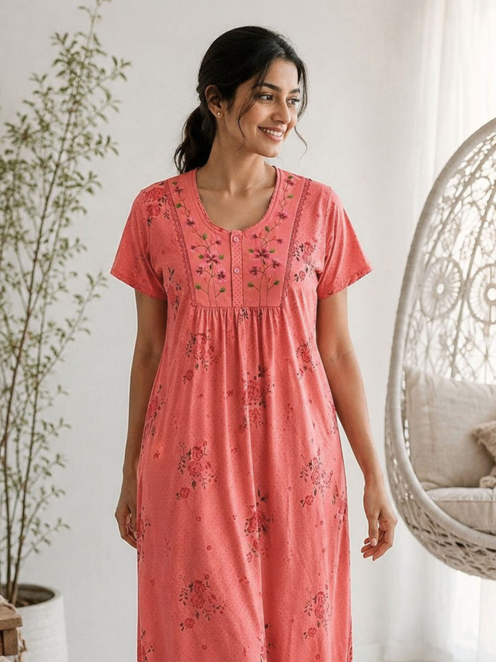Ruby Cotton Blend Floral Embroidered Nighty for Women