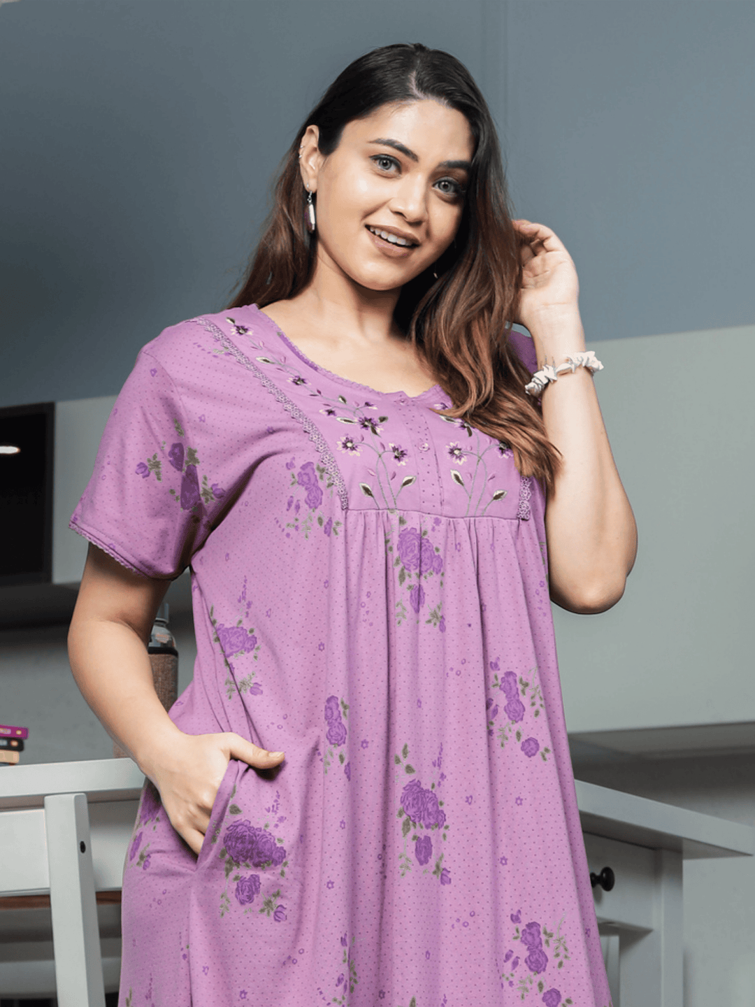 Purple Cotton Blend Embroidered Maxi Nighty for Women