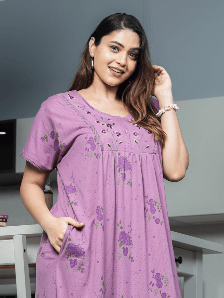 Purple Cotton Blend Embroidered Maxi Nighty for Women
