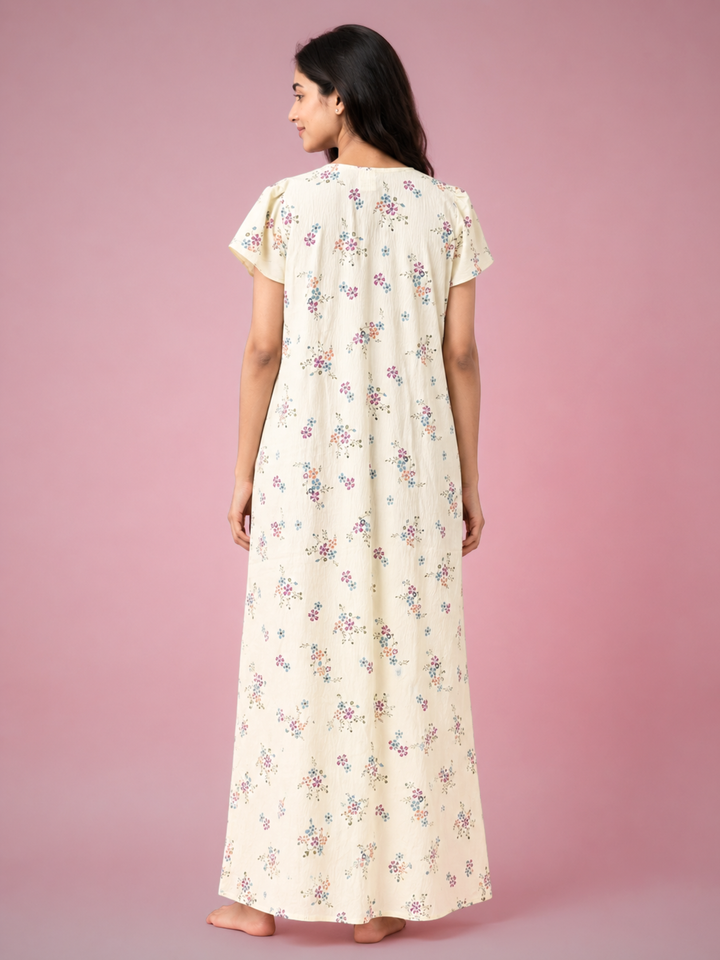 Meadow Yellow Floral Crush Cotton Nighty for Women Relaxed Fit