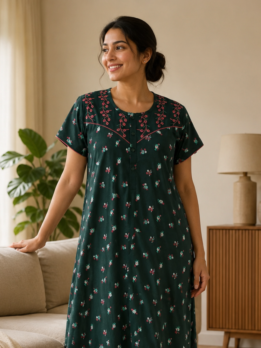 Bottle Green Floral Cotton Blend Designer Nighty for Women