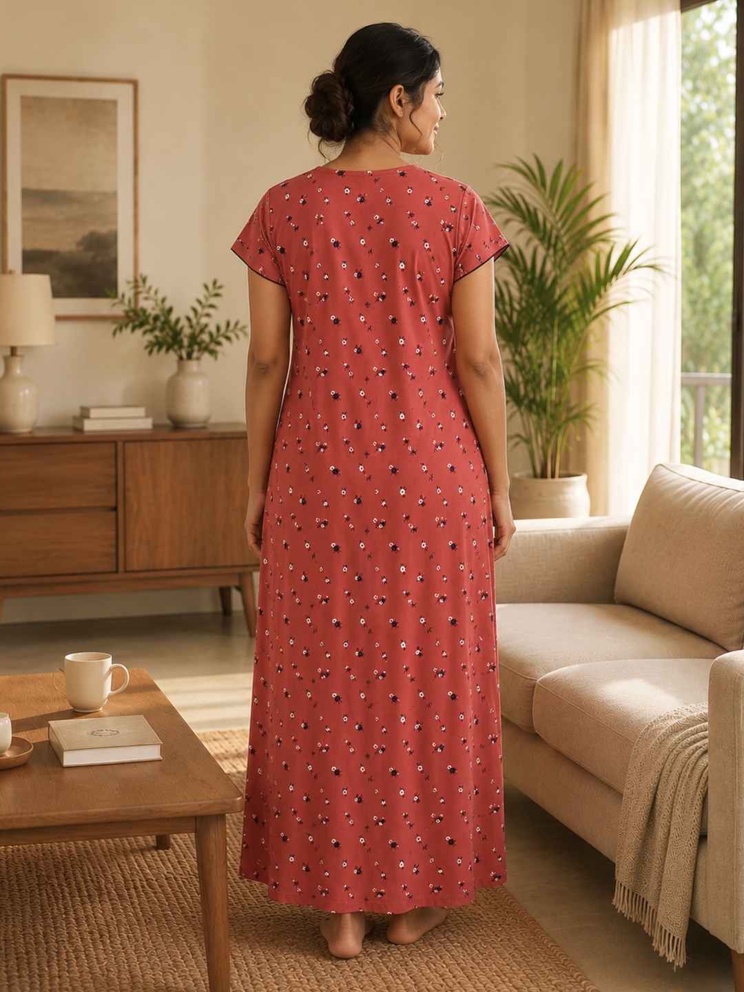 Dark Peach Floral Cotton Blend Designer Nighty for Women