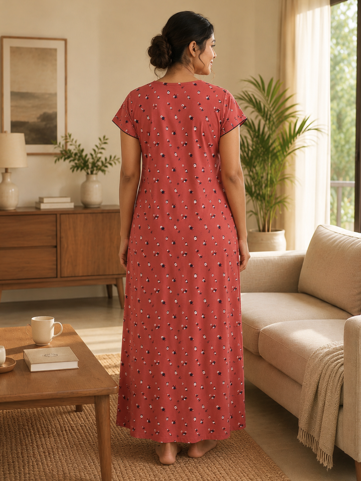 Dark Peach Floral Cotton Blend Designer Nighty for Women