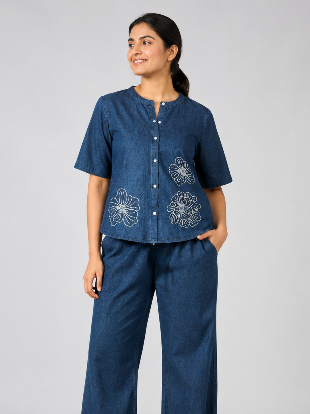 Denim Co Ord Set for Women with Floral Embroidery