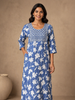 Serene Blue Jaipuri Cotton Nighty Floral Embroidered Patch Side Pocket