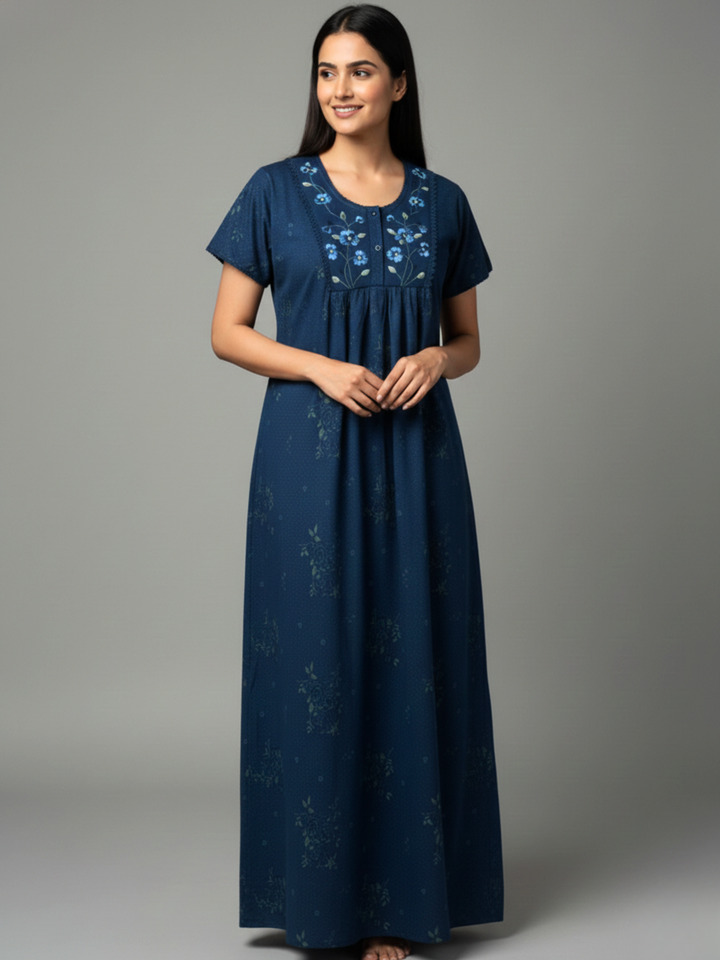 Floral Pleated Cotton Blend Nighty for Women in Indigo Shade