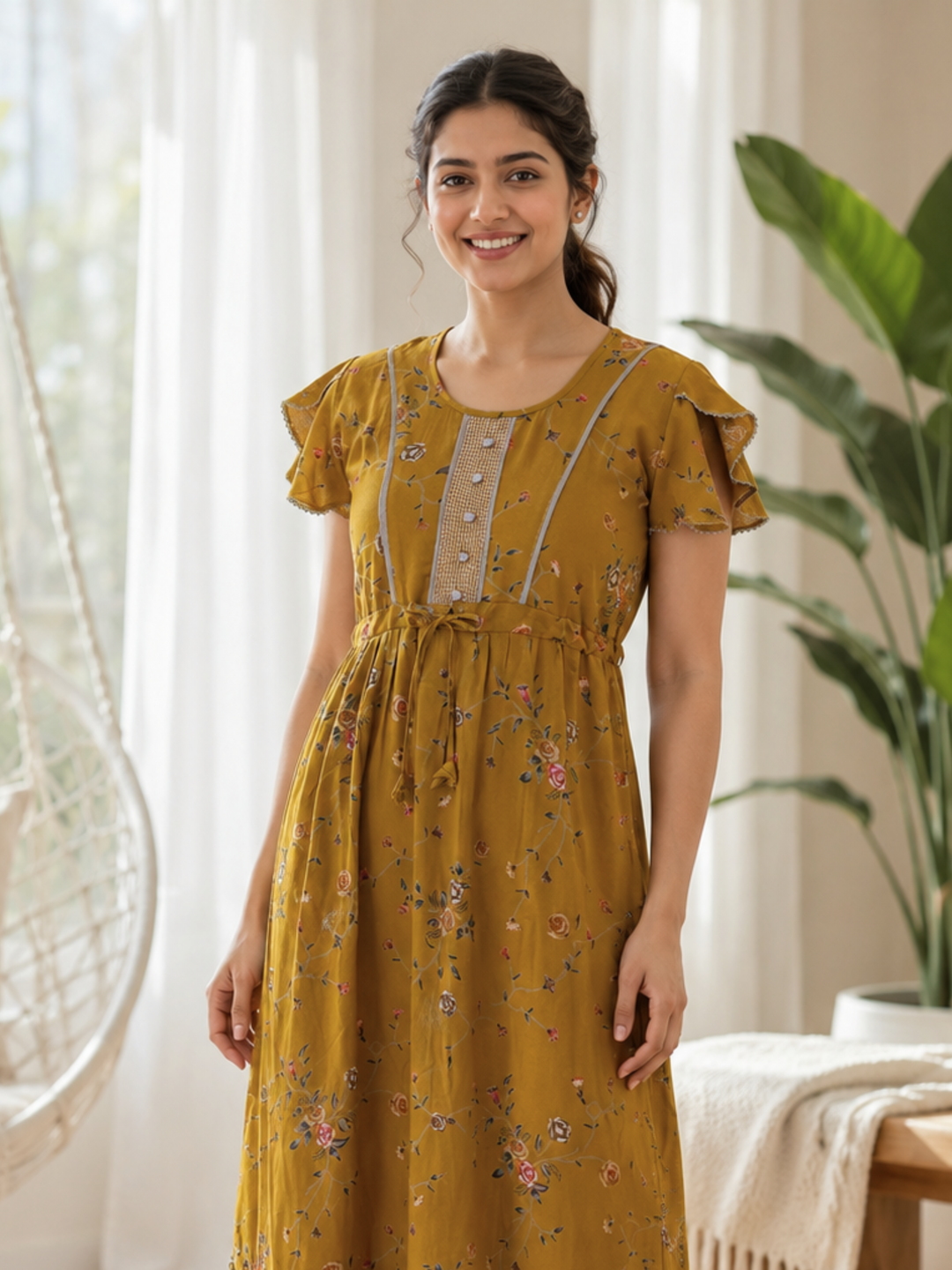 Floret Mustard Alpine Designer Nighty for Women with Frock Fit