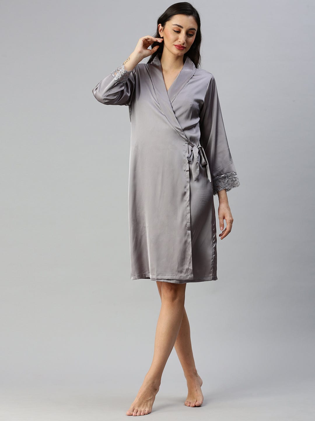 Satin luxury Short robe with Short Gown | Sliver