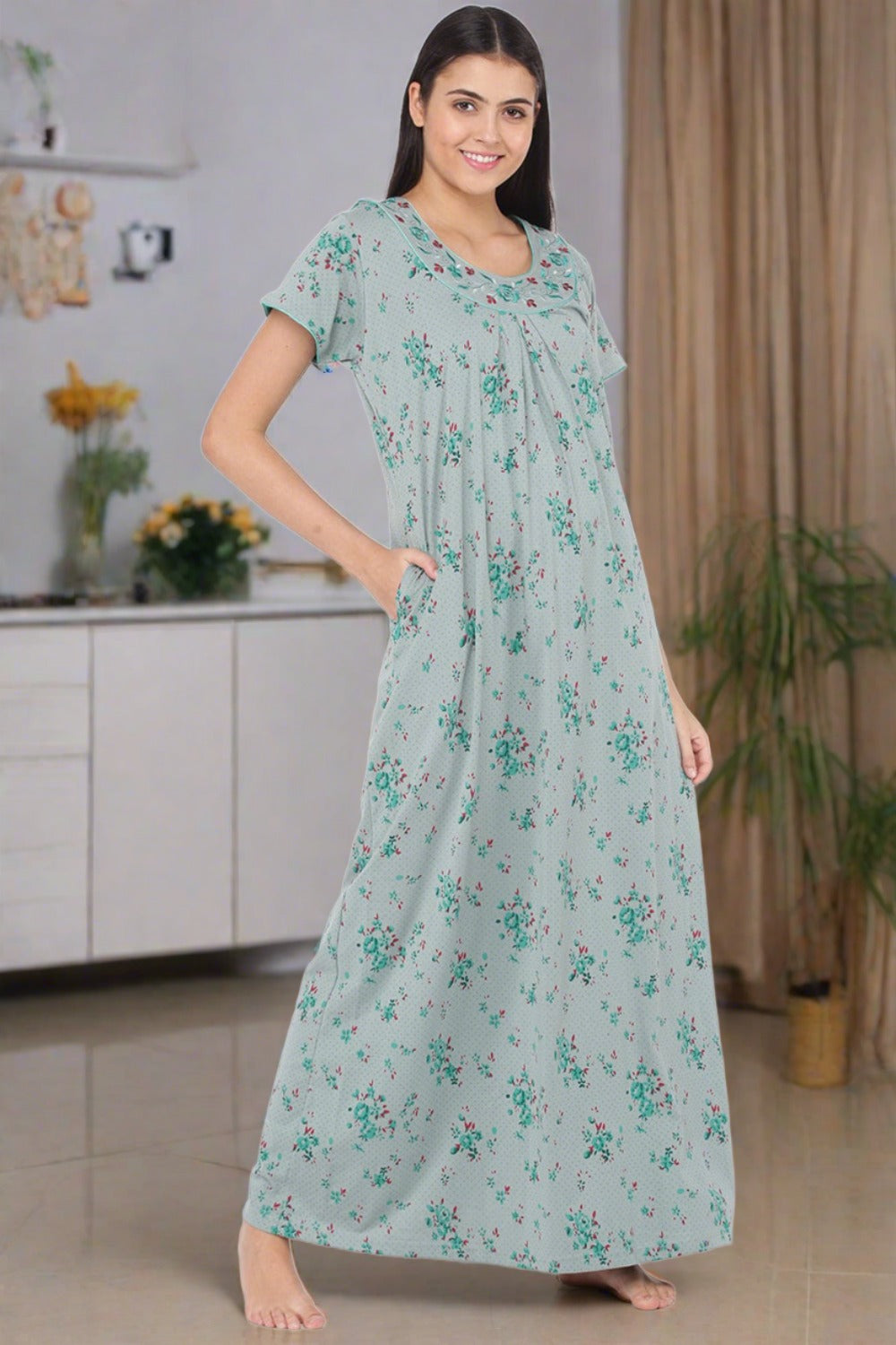 Cotton Blend Designer Nighty Green