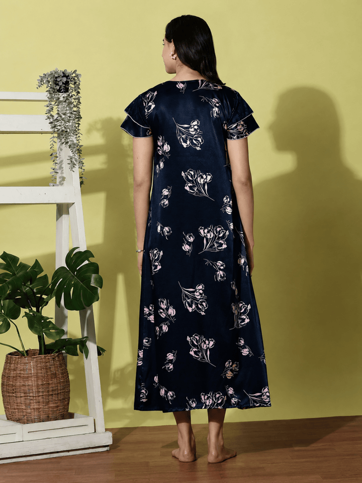 Navy Blue Satin Designer Nighty for Women Soft and Luxurious