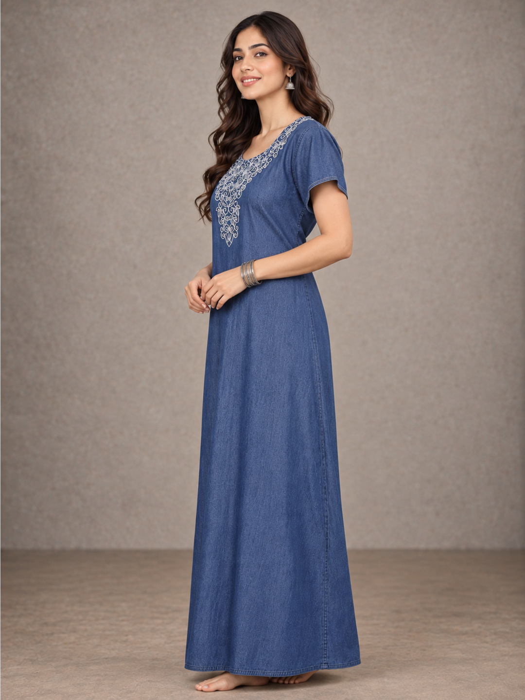 Denim Blue Embrace Embroidered Nighty - Luxurious Cotton Comfort