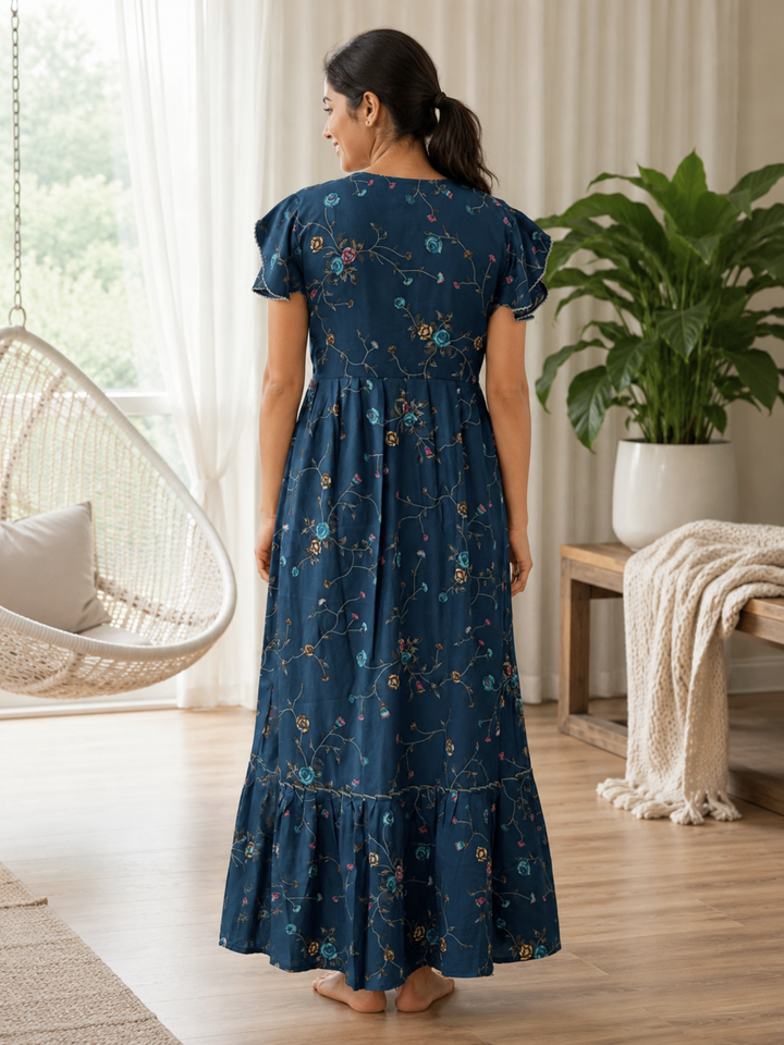 Floret Teal Alpine Designer Nighty for Women with Frock Fit