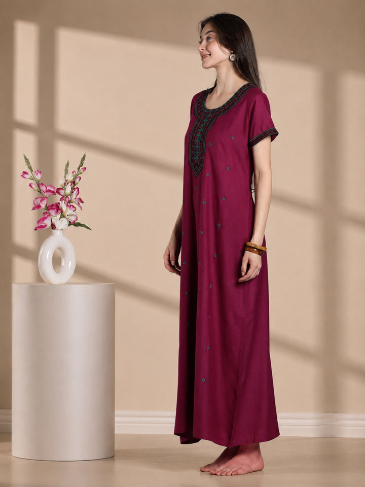 Raatrani Plum Pink Alpine Designer Nighty for Women with Embroidery