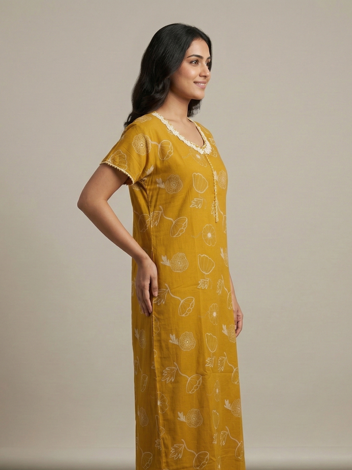 Alpine Floral A Line Nighty in Daisy Mustard with Zip