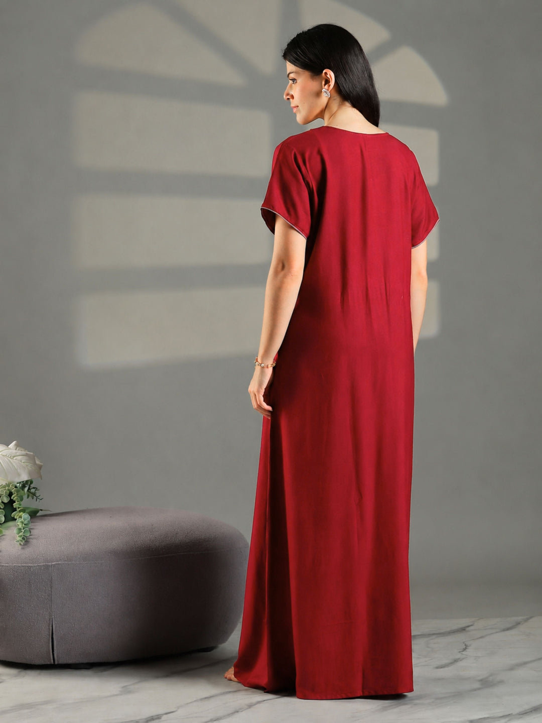 Stylish Alpine Sadabahar Ruby Red Embroidered A Line Nighty for Women