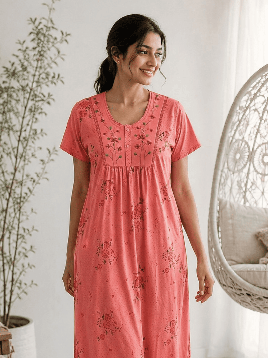 Ruby Cotton Blend Floral Embroidered Nighty for Women