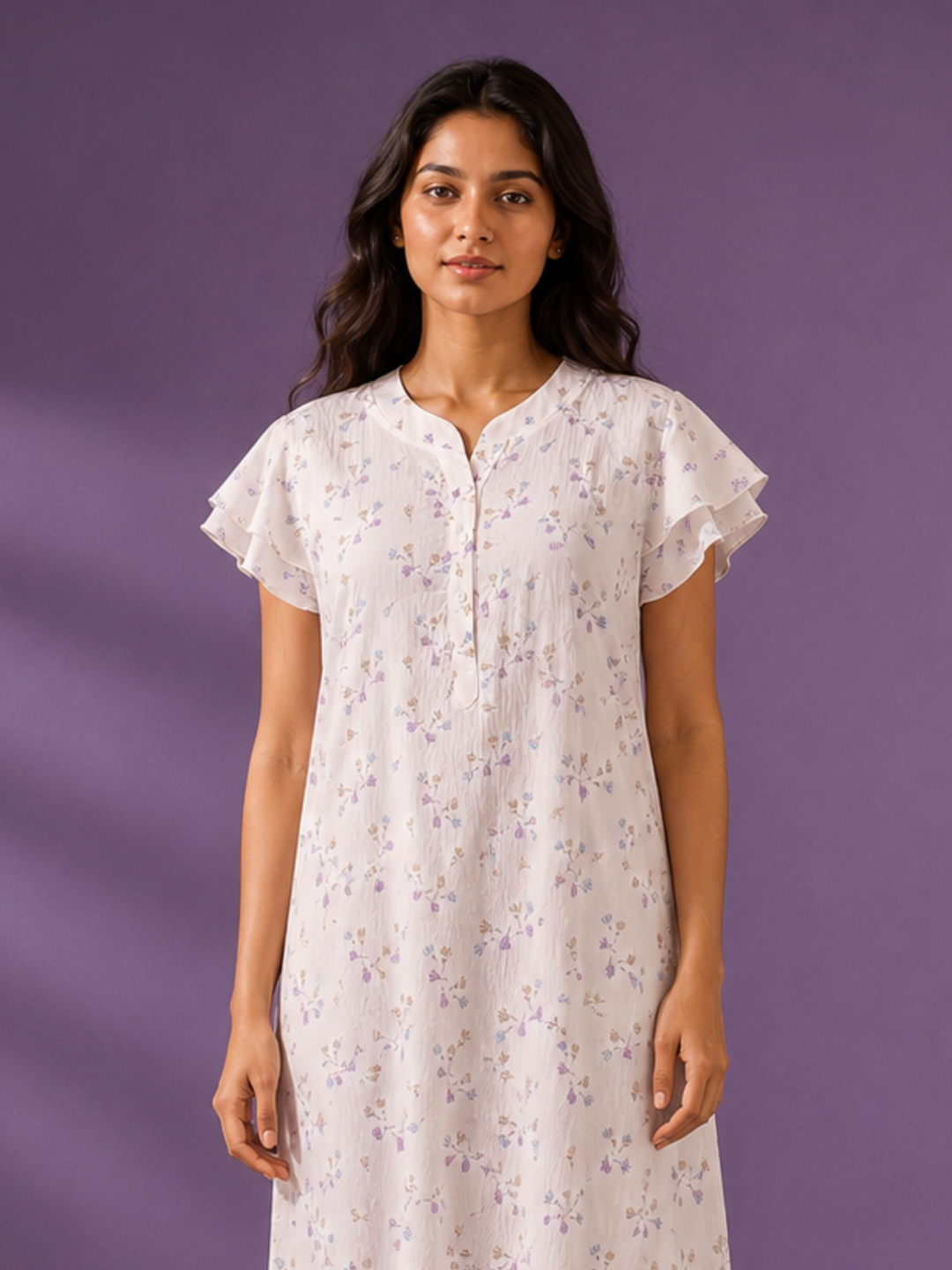Pastel White Disty Floral Bamboo Feel Crush Cotton Nighty