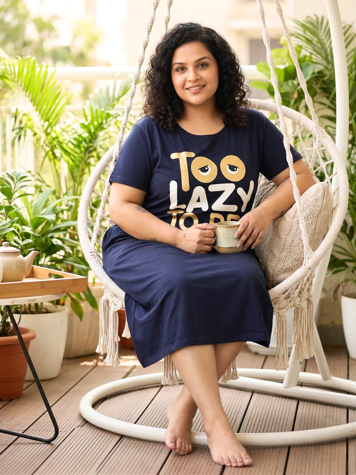 Midnight Blue Hosiery Cotton Short Nighty Plus Size
