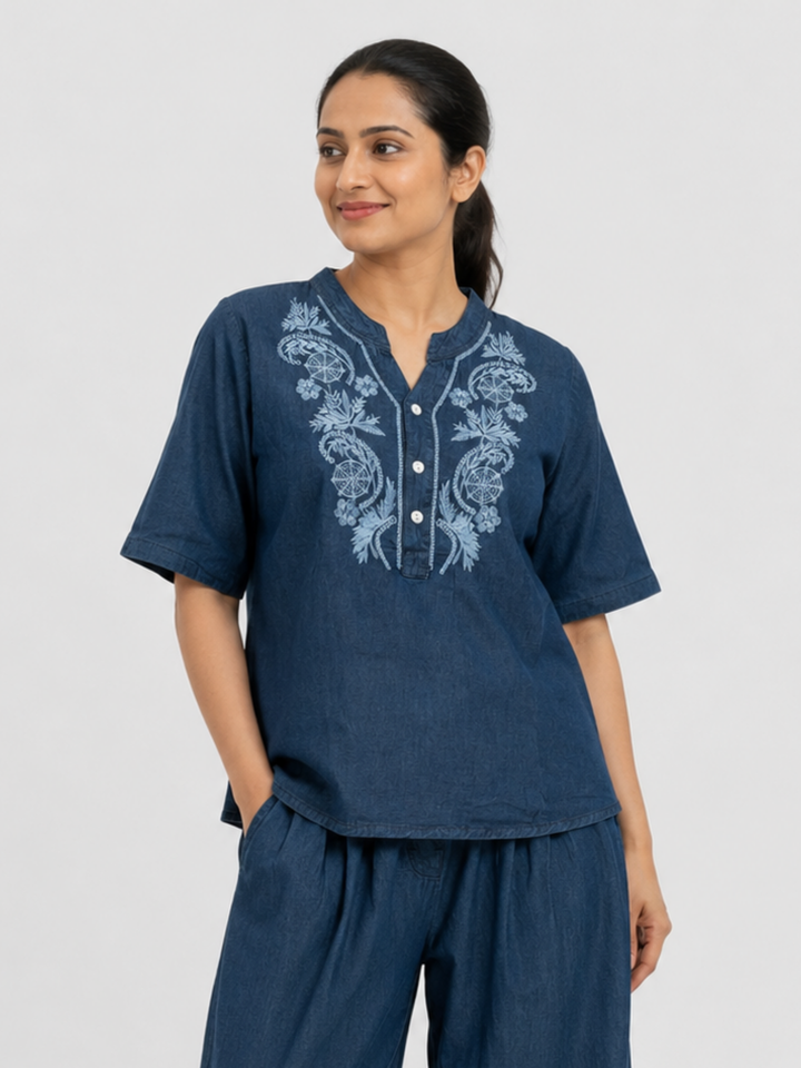 Dark Blue Denim Wash Cotton Co Ord Set for Women with Embroidery