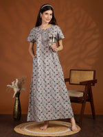 Grey Digital Print Cotton Nighty for Women with Pocket Detail