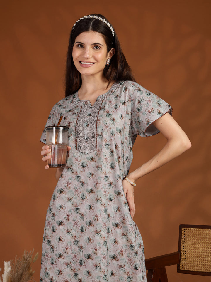 Grey 100% pure cotton nighty for women with pocket