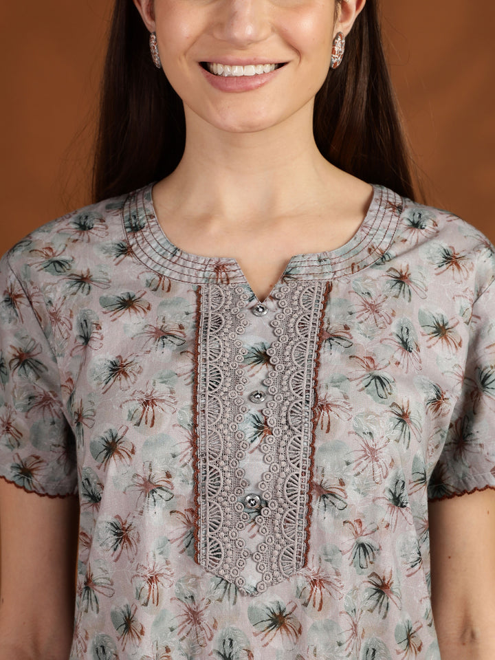 Grey 100% pure cotton nighty for women with pocket