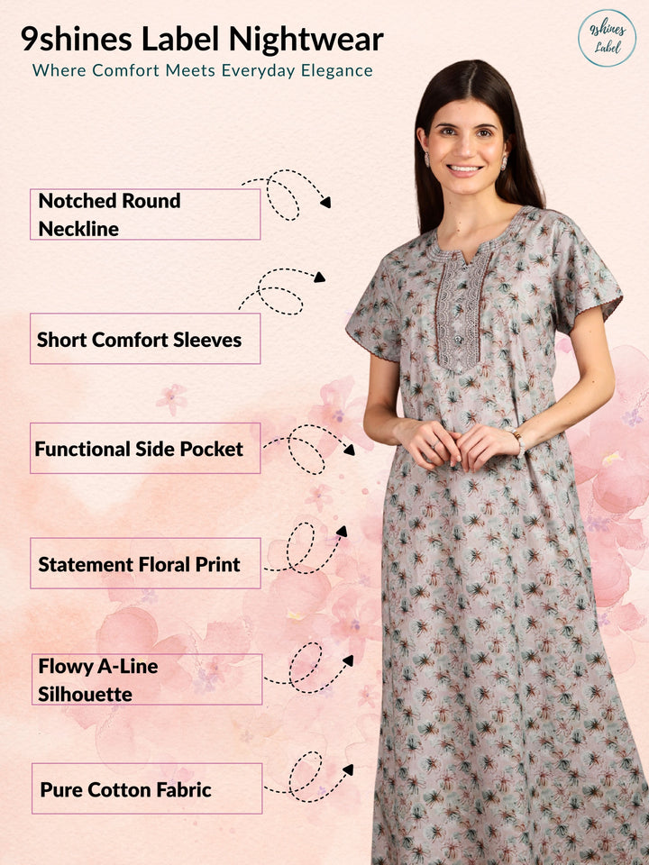 Grey 100% pure cotton nighty for women with pocket
