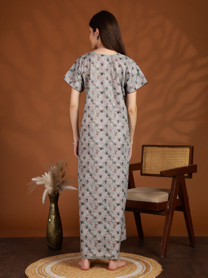 Grey 100% pure cotton nighty for women with pocket