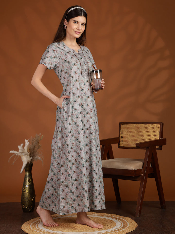 Grey 100% pure cotton nighty for women with pocket