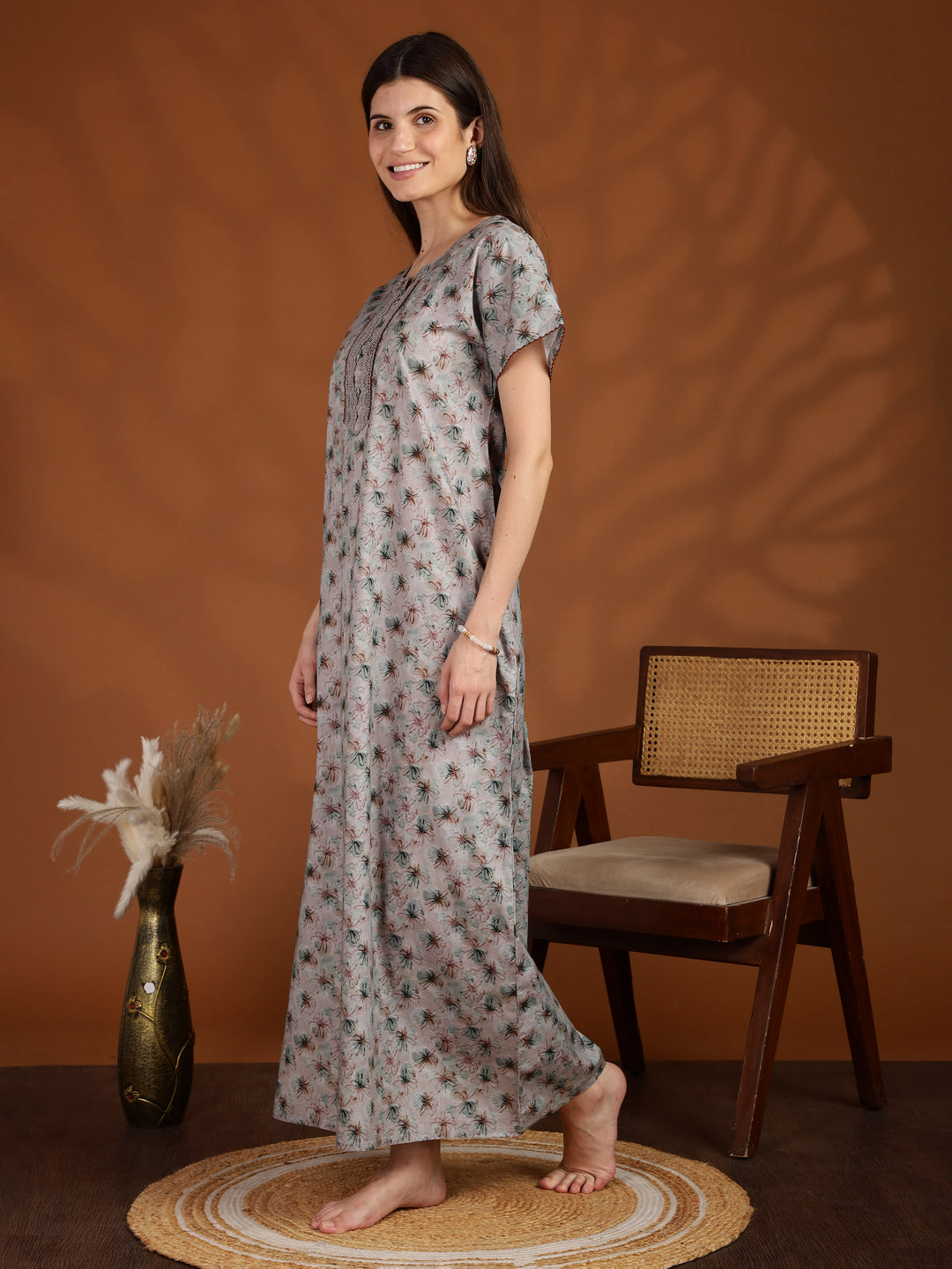 Grey 100% pure cotton nighty for women with pocket