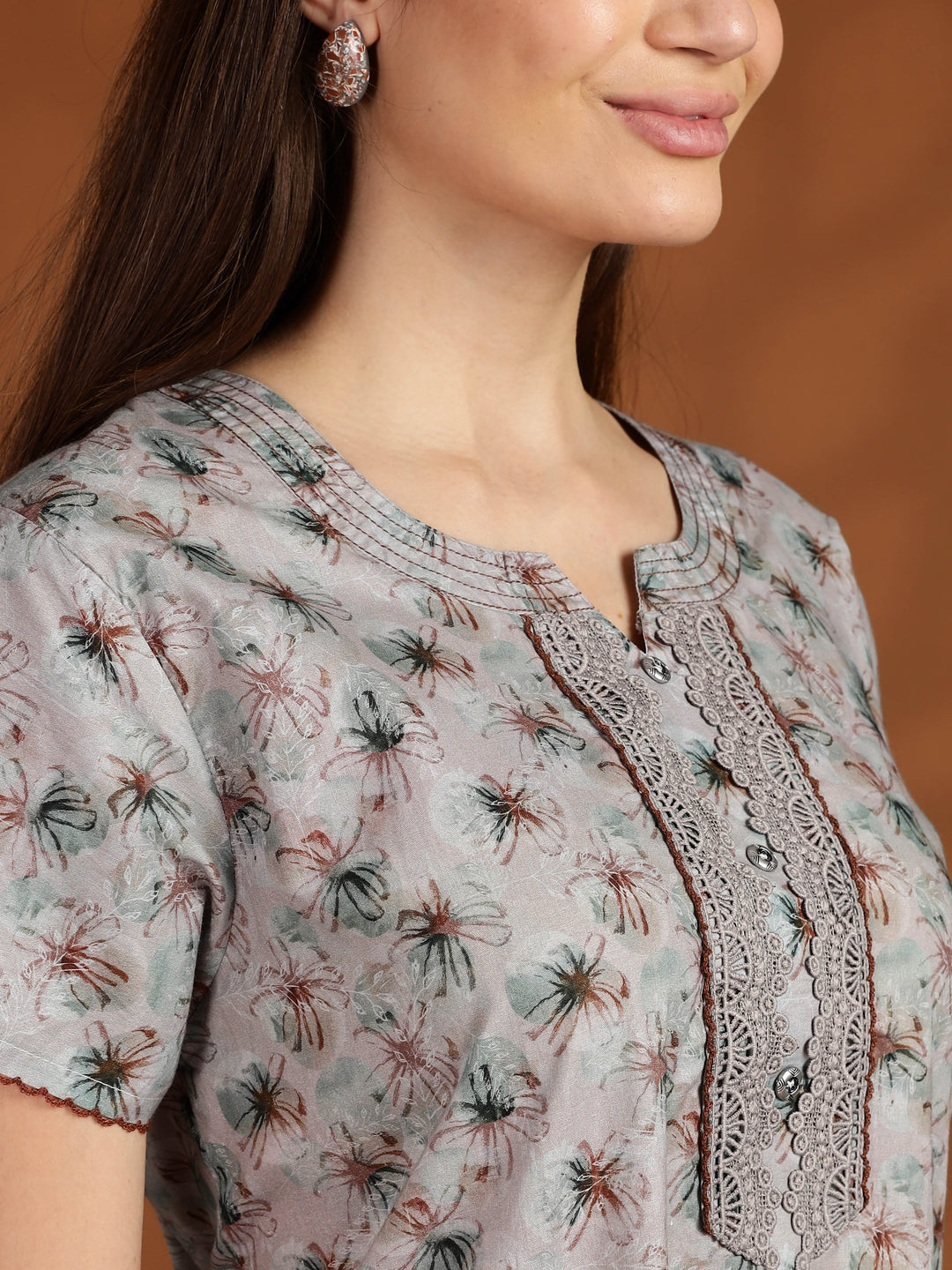 Grey 100% pure cotton nighty for women with pocket