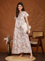 Orange Floral Digital Print Cotton Nighty with Designer Finish