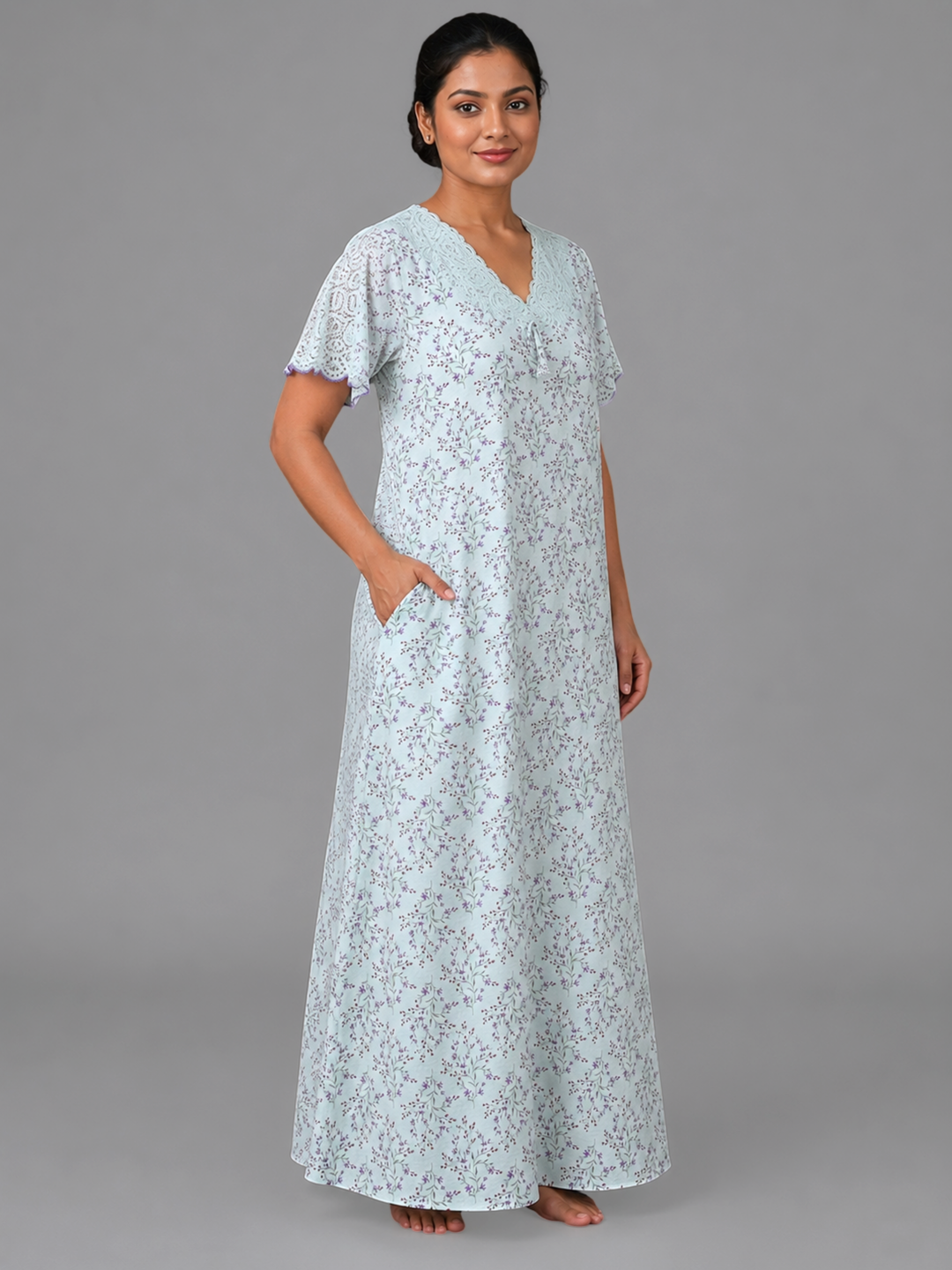 Floral Green Bamboo Feel Crush Cotton Nighty for Women