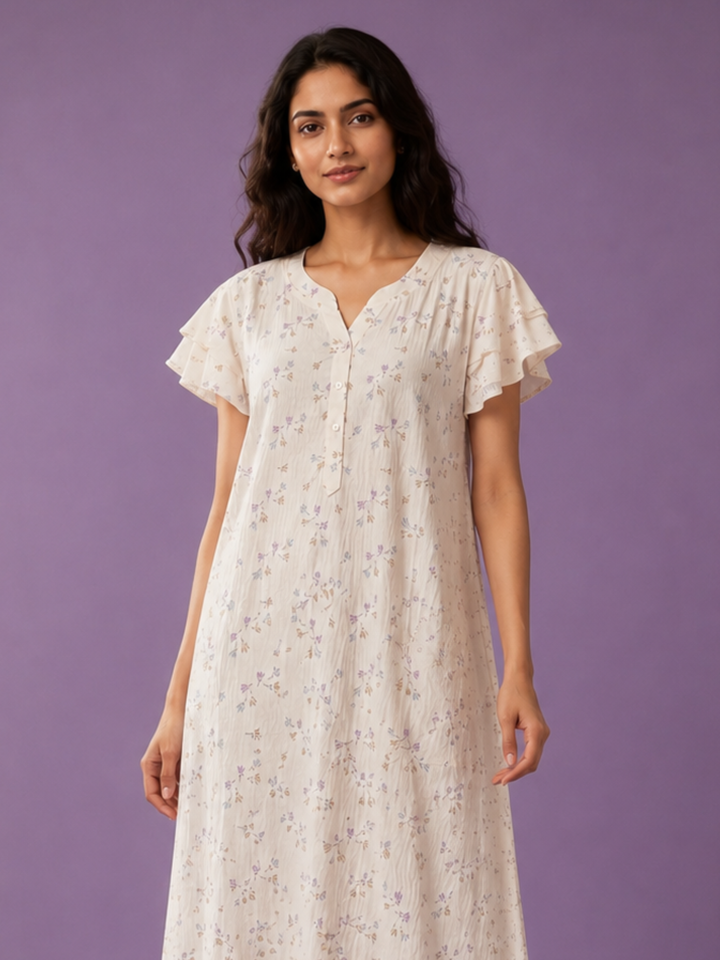 Pastel Cream Bamboo Feel Crush Cotton Floral Designer Nighty