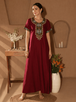 Raatrani Heritage Maroon Alpine Embroidered A Line Nighty for Women