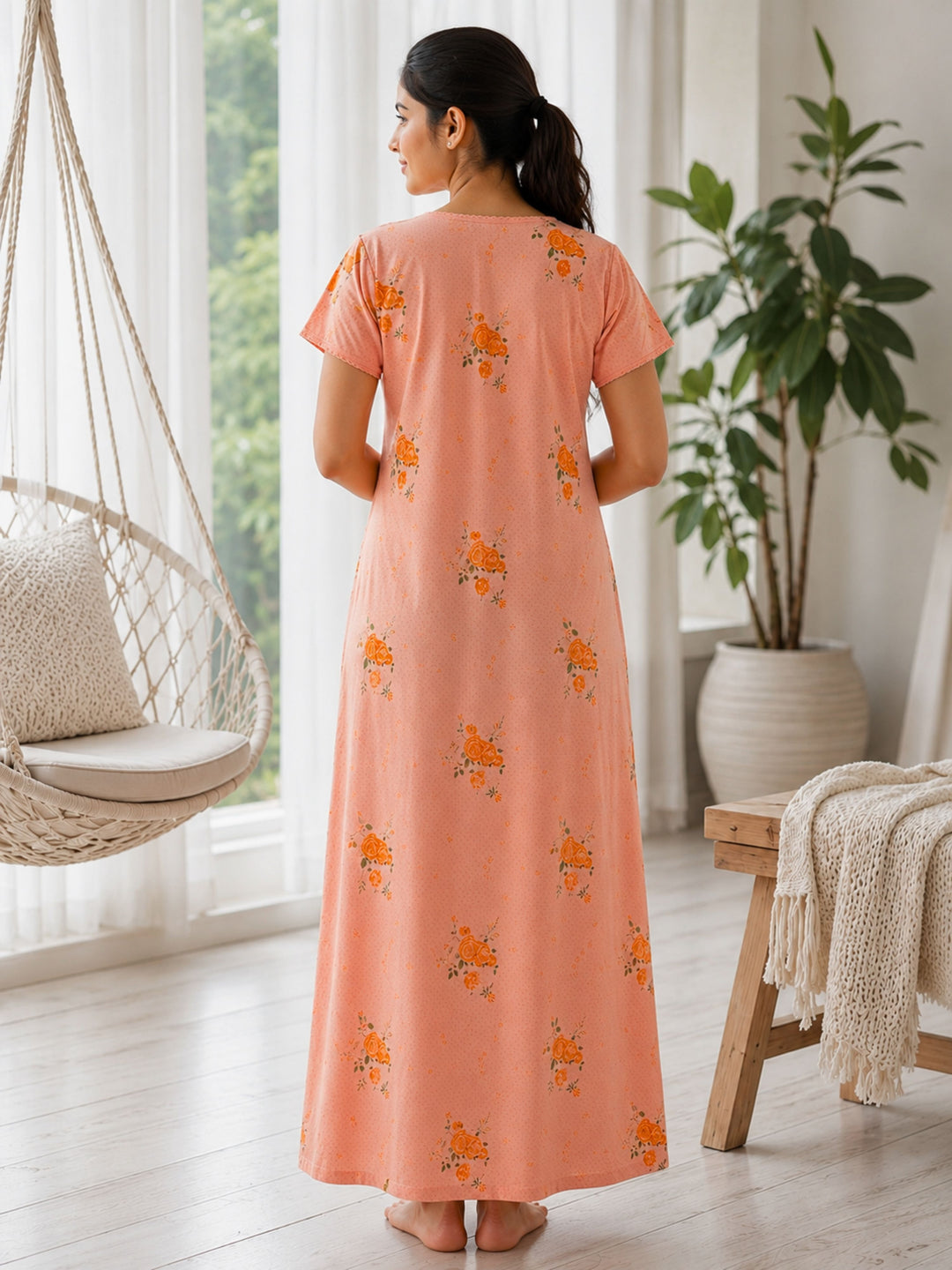 Coral Floral Embroidered Cotton Blend Nightdress for Women