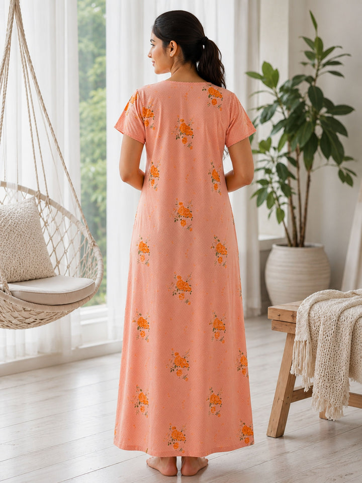Coral Floral Embroidered Cotton Blend Nightdress for Women