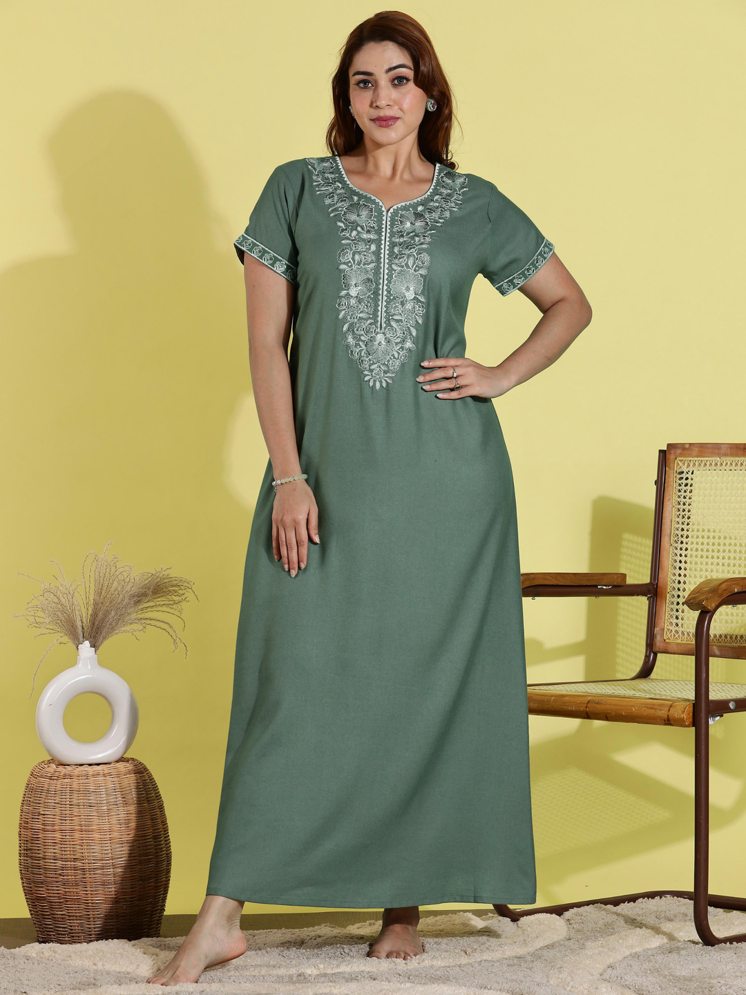 Sadabahar Green Alpine Nighty with Classic Embroidery and Pocket
