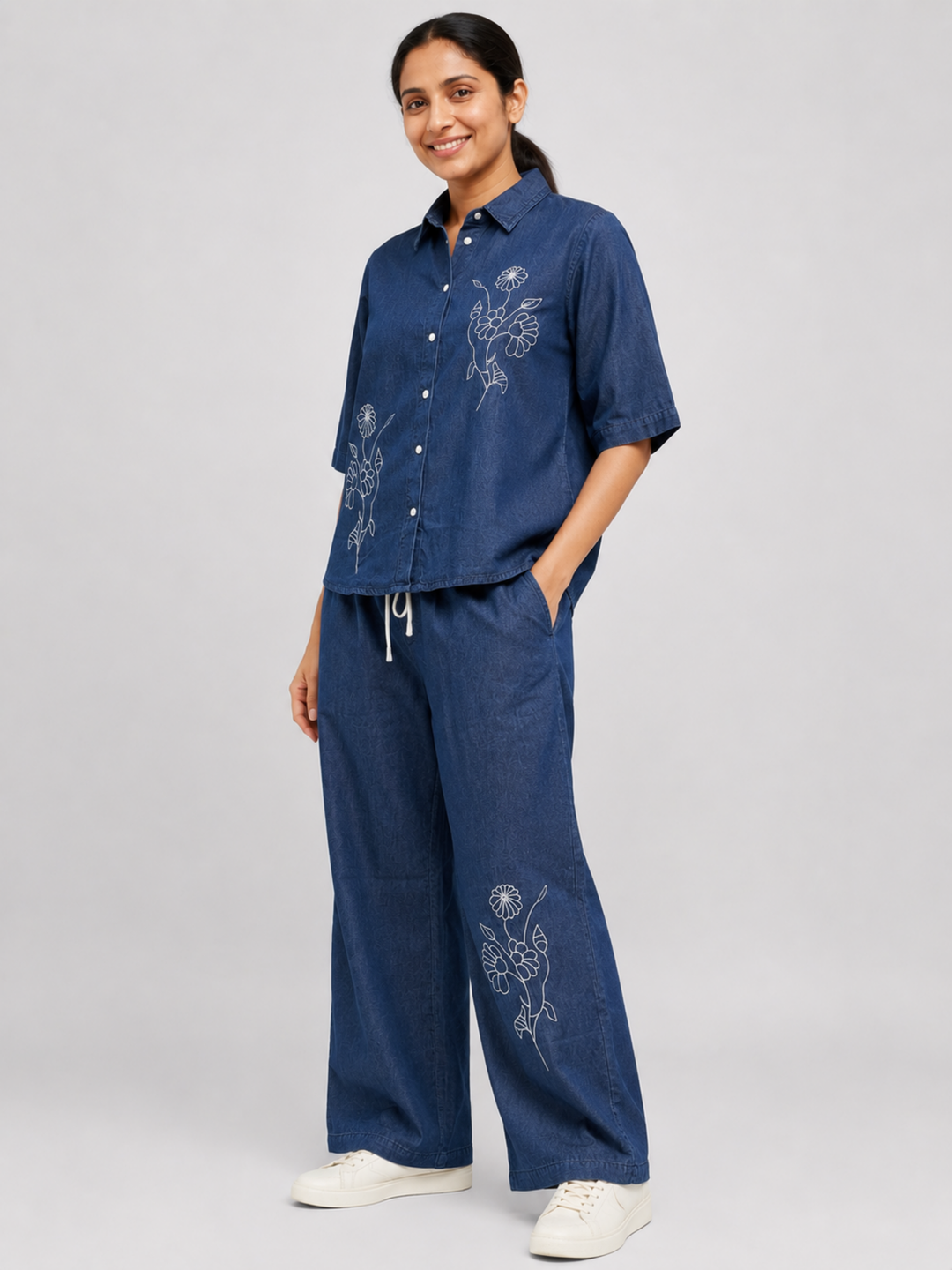 Light Blue Denim Co Ord Set for Women with Floral Design