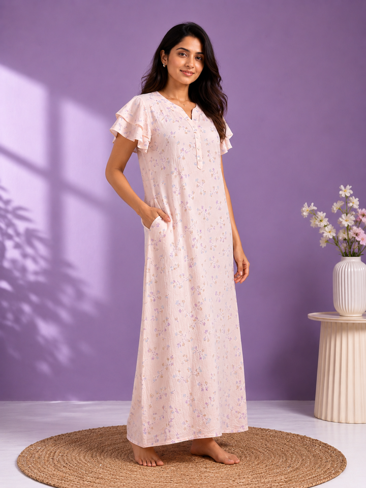 Pastel Peach Bamboo Feel Crush Cotton Designer Nighty for Women